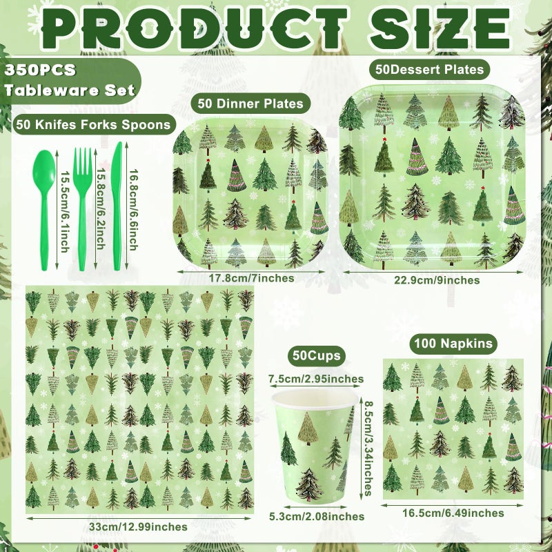 Suttmin 350 Pcs Paper Plates and Napkins Set Disposable Dinnerware Party Supplies Tableware Serve 50 Guest Cups Knife Forks Spoon(Green Christmas Tree) - Image 2