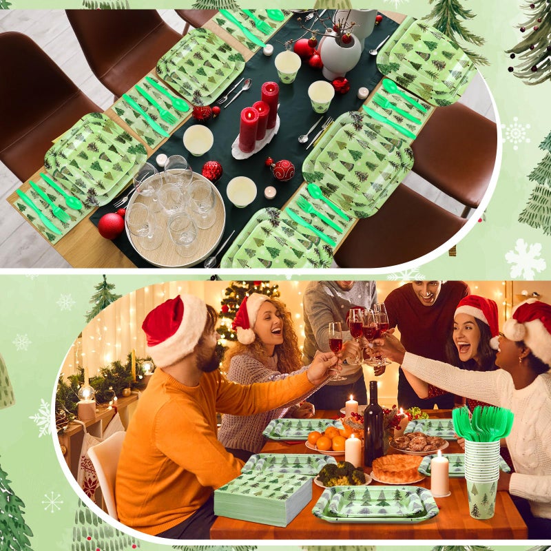 Suttmin 350 Pcs Paper Plates and Napkins Set Disposable Dinnerware Party Supplies Tableware Serve 50 Guest Cups Knife Forks Spoon(Green Christmas Tree) - Image 4