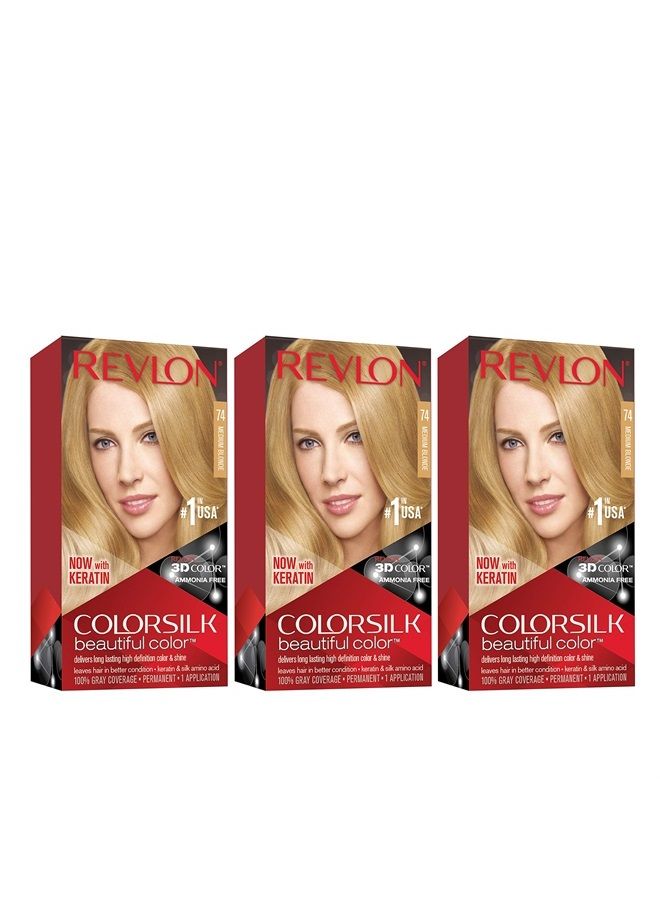 Revlon Colorsilk Beautiful Permanent Hair Color with 3D Gel Technology & Keratin, 74 Medium Blonde, 3 Count