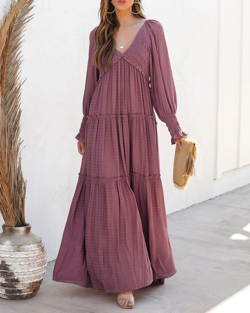 R.Vivimos Maxi Dress for Women Long Sleeve V Neck Empire Waist Layered Ruffle Boho Casual Flowy Long Dresses (Small, DarkRose) - Image 4