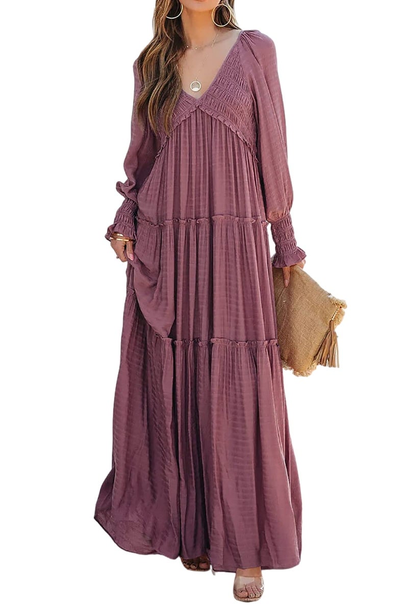 R.Vivimos Maxi Dress for Women Long Sleeve V Neck Empire Waist Layered Ruffle Boho Casual Flowy Long Dresses (Small, DarkRose) - Image 1