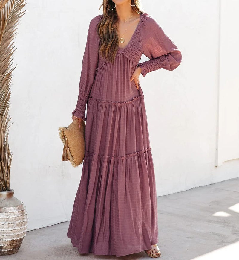 R.Vivimos Maxi Dress for Women Long Sleeve V Neck Empire Waist Layered Ruffle Boho Casual Flowy Long Dresses (Small, DarkRose) - Image 5