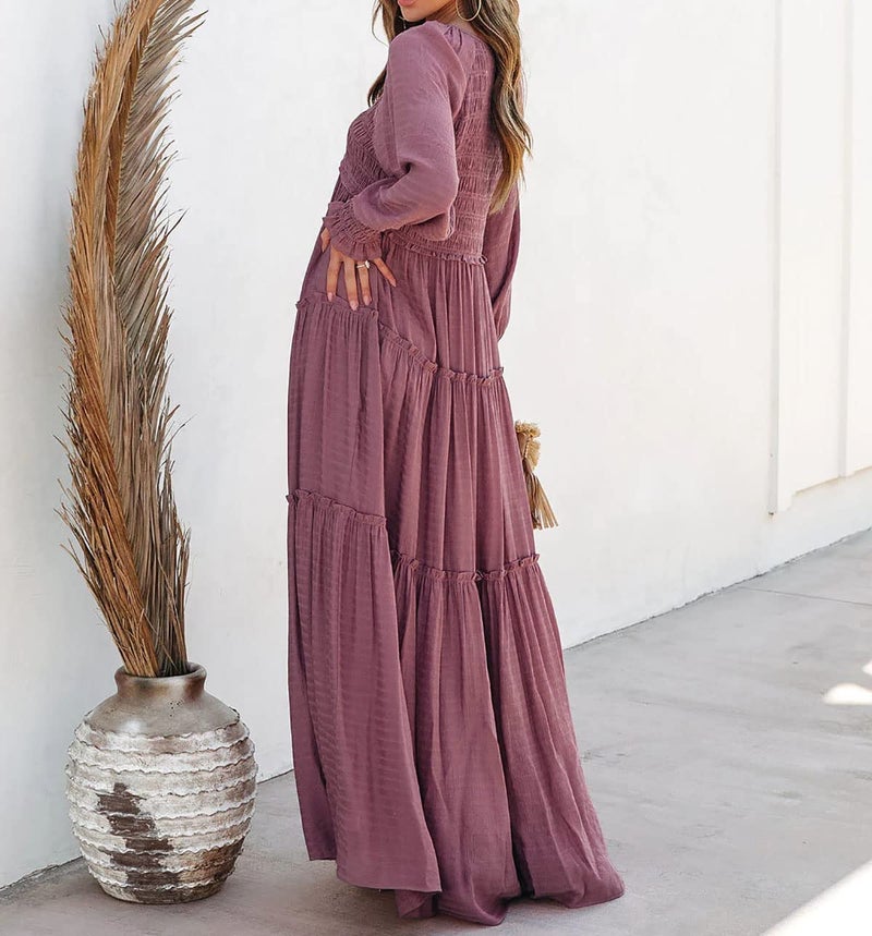 R.Vivimos Maxi Dress for Women Long Sleeve V Neck Empire Waist Layered Ruffle Boho Casual Flowy Long Dresses (Small, DarkRose) - Image 3