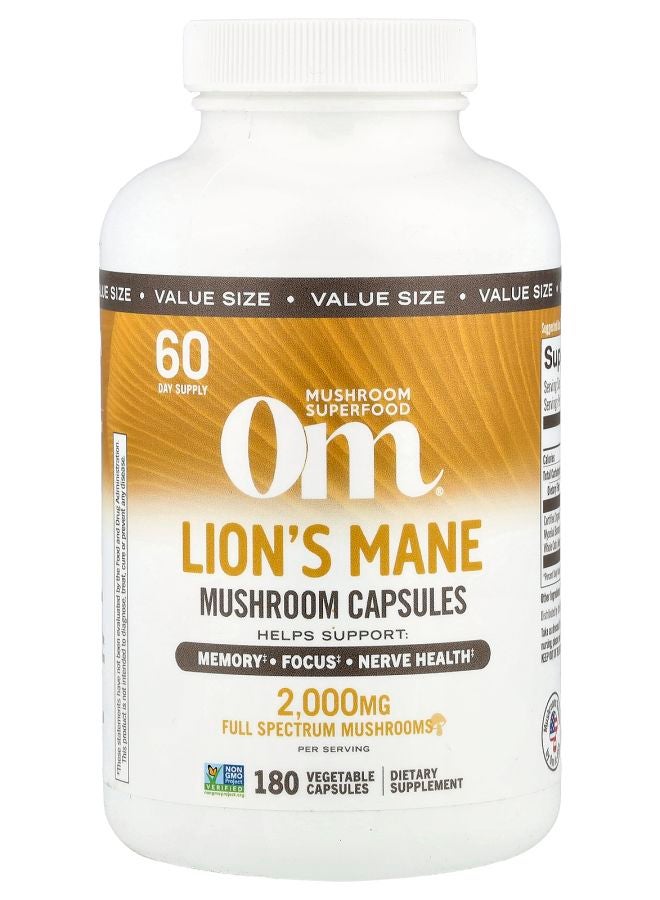 Om Mushrooms Lion's Mane Mushroom Capsules 180 Vegetable Capsules (666 mg per Capsule) - Image 1
