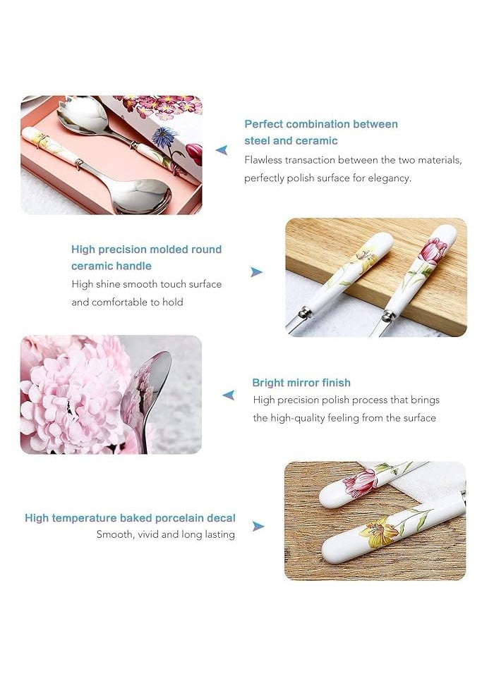 Home Treasure Home Treasure Stainless Steel Serving Spoon with Ceramic Handle Salad Serving Set with Gift Box 2Piece  - Image 4