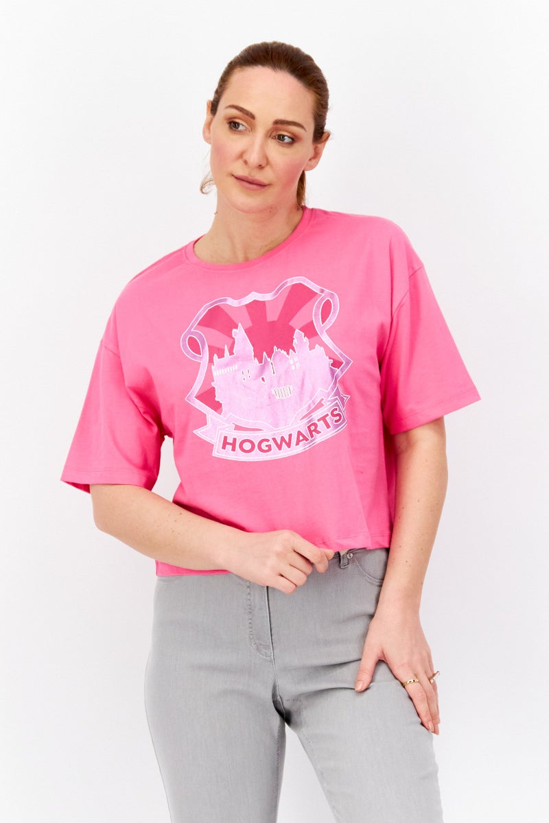 Harry Potter Women Round Neck Short Sleeve Graphic Print T-Shirt, Pink - Image 1