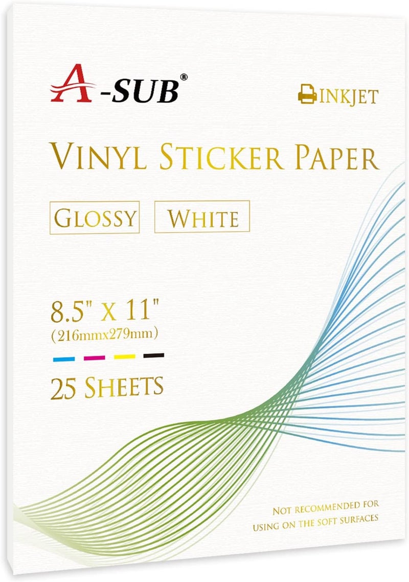 A-SUB 25 Sheets Vinyl Sticker Paper for Inkjet Printer - Glossy Printable Vinyl 8.5x11 Inch Waterproof Sticker Paper for DIY Any Decal You Like - Image 1