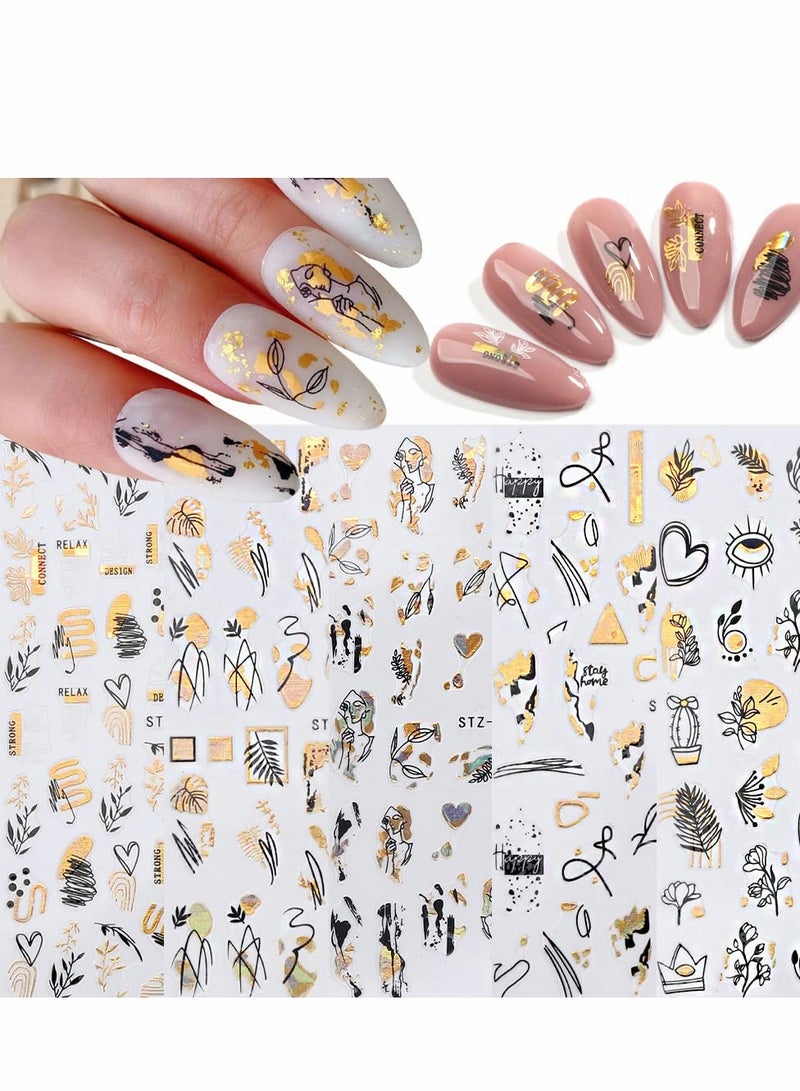 Excefore Black Gold Flower Nail Art Stickers Decals, 8 Sheets Abstract Leaves Decals 3D Metallic Self-Adhesive Graffiti Leaf Lady Face Line Heart Cactus Design Manicure Tips Decoration for Women Girls Kids - Image 1