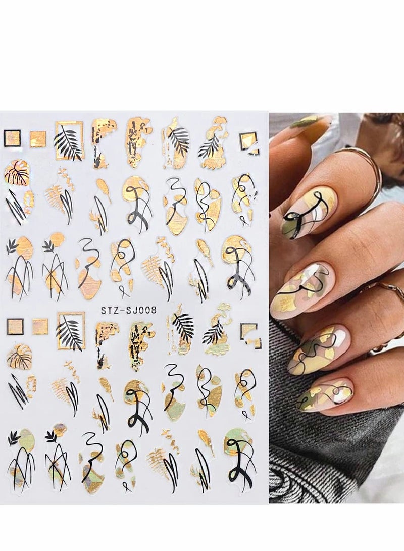 Excefore Black Gold Flower Nail Art Stickers Decals, 8 Sheets Abstract Leaves Decals 3D Metallic Self-Adhesive Graffiti Leaf Lady Face Line Heart Cactus Design Manicure Tips Decoration for Women Girls Kids - Image 5