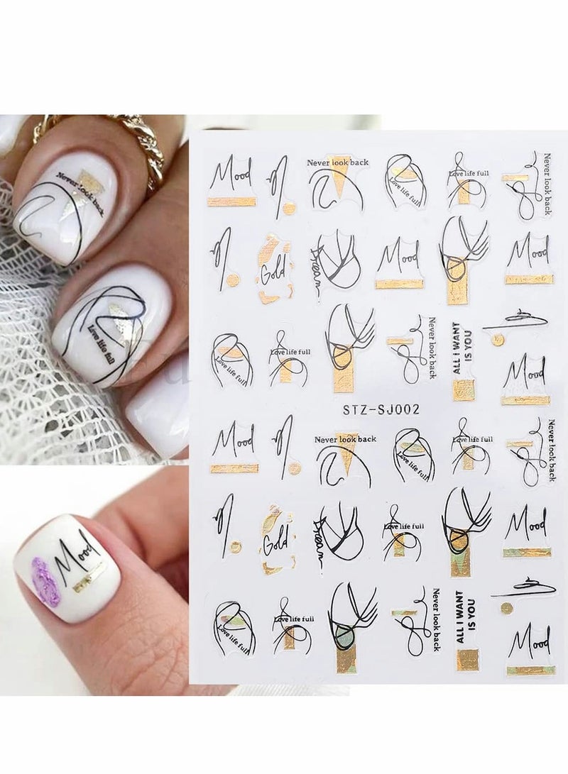 Excefore Black Gold Flower Nail Art Stickers Decals, 8 Sheets Abstract Leaves Decals 3D Metallic Self-Adhesive Graffiti Leaf Lady Face Line Heart Cactus Design Manicure Tips Decoration for Women Girls Kids - Image 4