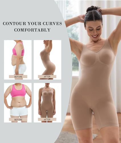 SHAPERX Women's Shaping Mid-Thigh Bodysuit Tummy Control Shapewear Seamless Sculpting Body Shaper,SZ5310-Sienna-L/XL - Image 4