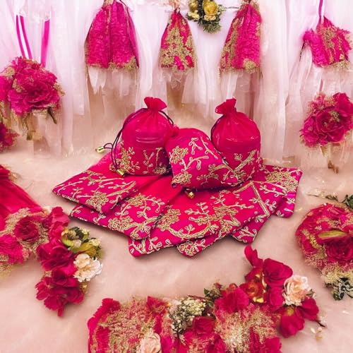 KRIWIN Pack of 10 Women's Silk Drawstring Closure Embroided Gift Potli Bags Pouches 7 X 5 inch Capacity- 250 gram (Magenta) - Image 2