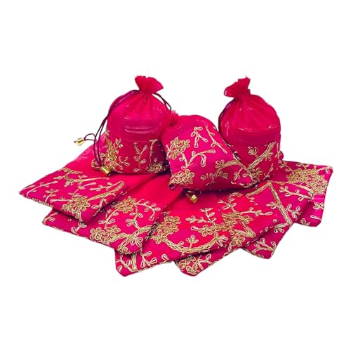 KRIWIN Pack of 10 Women's Silk Drawstring Closure Embroided Gift Potli Bags Pouches 7 X 5 inch Capacity- 250 gram (Magenta) - Image 1