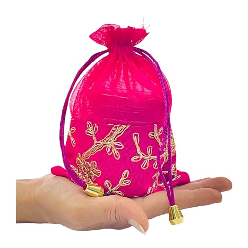 KRIWIN Pack of 10 Women's Silk Drawstring Closure Embroided Gift Potli Bags Pouches 7 X 5 inch Capacity- 250 gram (Magenta) - Image 5