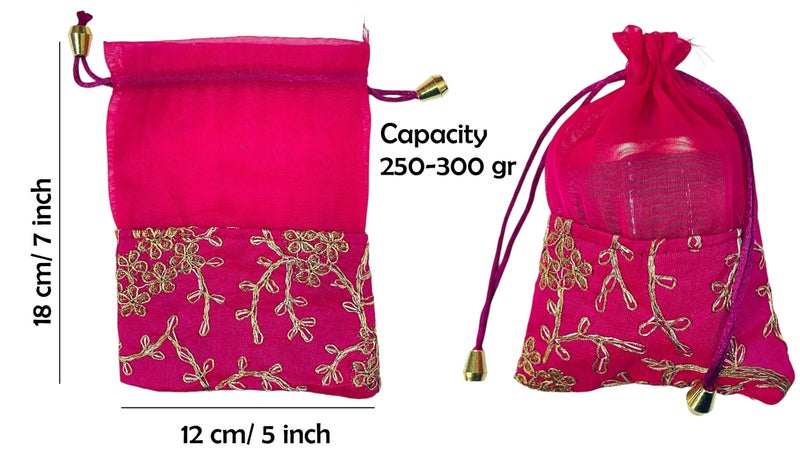KRIWIN Pack of 10 Women's Silk Drawstring Closure Embroided Gift Potli Bags Pouches 7 X 5 inch Capacity- 250 gram (Magenta) - Image 3