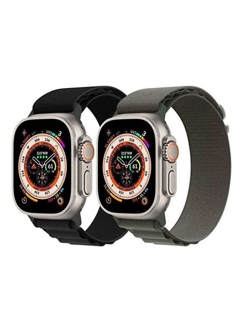 Two Nylon Watch Band Compatible with Apple Watch 42mm/44mm/45mm/49mm Ladies and Mens, Adjustable Sport with Metal G-Hook Braided Strap for iWatch Ultra Series SE 8/7/6/5/4/3/2/1 Black and Green