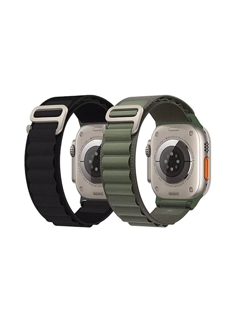 Two Nylon Watch Band Compatible with Apple Watch 42mm/44mm/45mm/49mm Ladies and Mens, Adjustable Sport with Metal G-Hook Braided Strap for iWatch Ultra Series SE 8/7/6/5/4/3/2/1 Black and Green