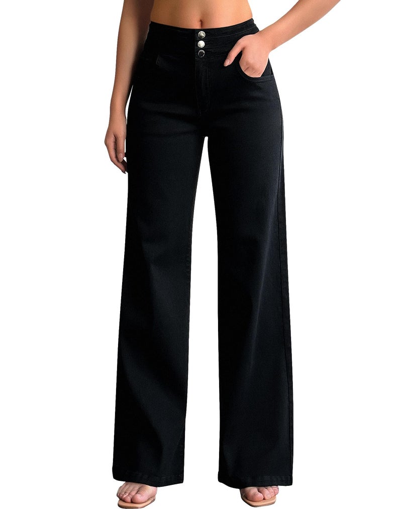 roswear Women's Wide Leg Jeans Casual High Waisted Stretch Baggy Loose Denim Pants Black Small - Image 3