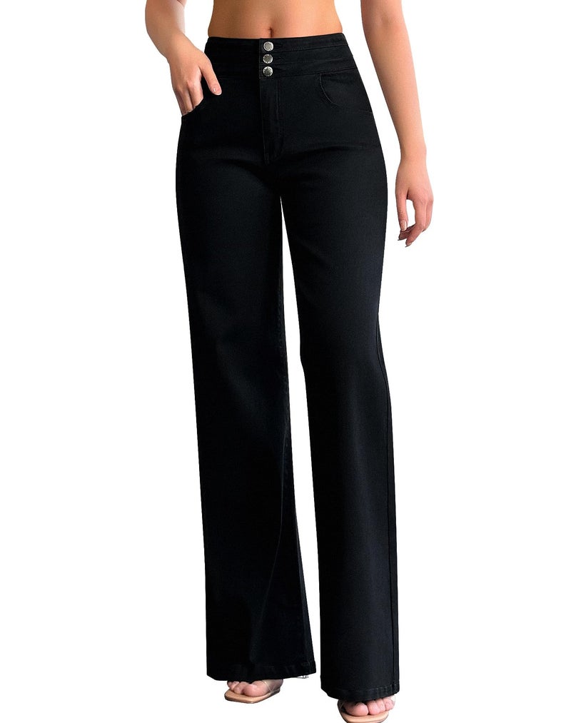 roswear Women's Wide Leg Jeans Casual High Waisted Stretch Baggy Loose Denim Pants Black Small - Image 1