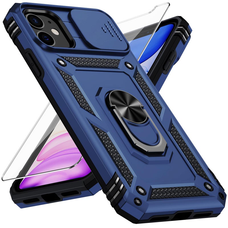 Weycolor for iPhone 11 Case with Camera Lens Cover, HD Screen Protector, 10 FT Military Grade Drop Protection, Magnetic Ring Holder Kickstand Protective Phone Case for iPhone 11, Navy Blue - Image 1