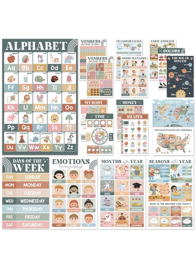 BEAWART 18 Modern Boho Pre K Educational Posters For Preschoolers, Laminated Kindergarten Learning Posters For Toddlers 1-3, Homeschool Classroom Kids Learning Posters For Walls, Preschool Learning Charts - Image 1