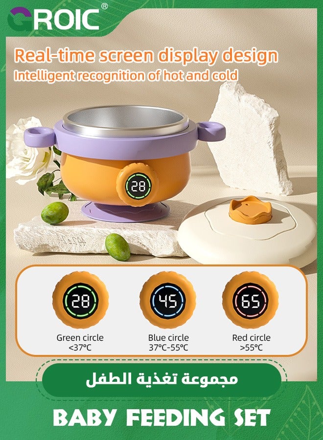 GROIC مجموعة أدوات طعام للأطفال الصغار، أوعية وملاعق للأطفال، أوعية للأطفال الصغار مع وظيفة التحكم في درجة الحرارة، أوعية شفط للأطفال من الفولاذ المقاوم للصدأ 316 قابلة للإزالة والغسل، ملعقة وشوكة فطام للأطفال - Image 2