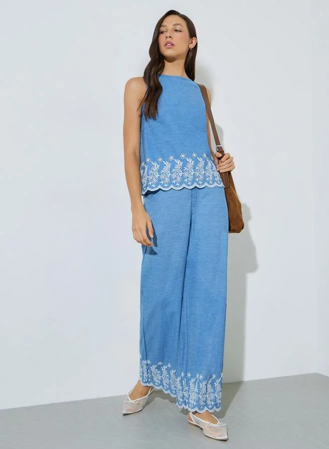 Styli Blue Cotton Embroidered Hem Top