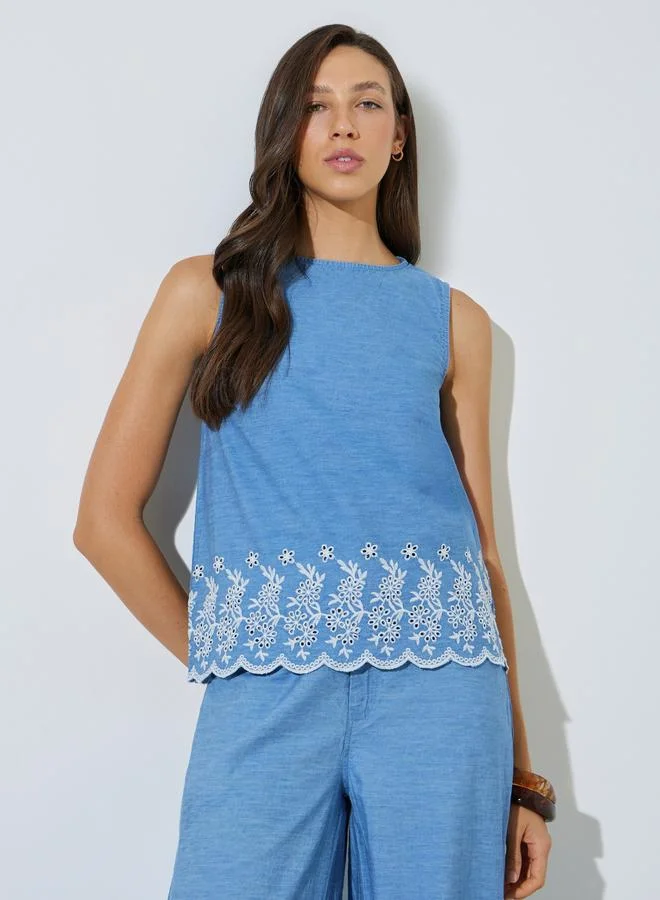 Styli Blue Cotton Embroidered Hem Top