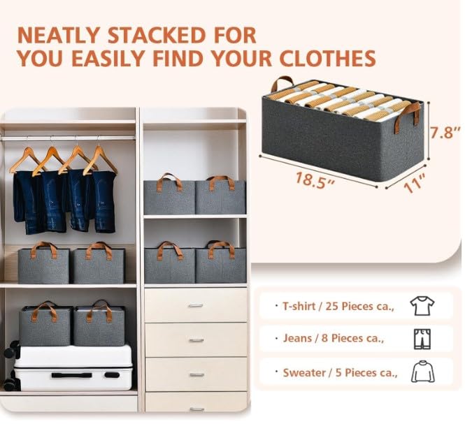 Zenlyf Wardrobe Organizer for ClothesFoldable Cupboard Storage BoxesRectangular Almirah Organizers for T Shirts PantsTShirtsJeansDressSweatersPack of 6 Grey - Image 2
