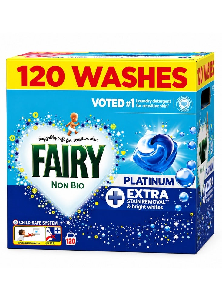 Fairy 120 Non Bio Platinum Laundry Pods with Extra Stain Removal, Non-Bio Washing Capsules for Everyday Clothes Washing, Convenient Pre-Measured Laundry Detergent Pods - Image 1