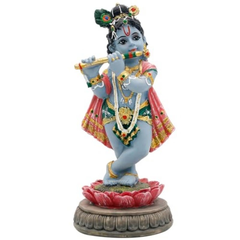 Hindu Krishna Idol Statue - 5.7H Indian God Lord Krishna on Lotus Playing Flute India Murti Item Home Office Temple Mandir Shrine Altar Pooja Decor Diwali Puja Gifts for Indian Friends - Image 1