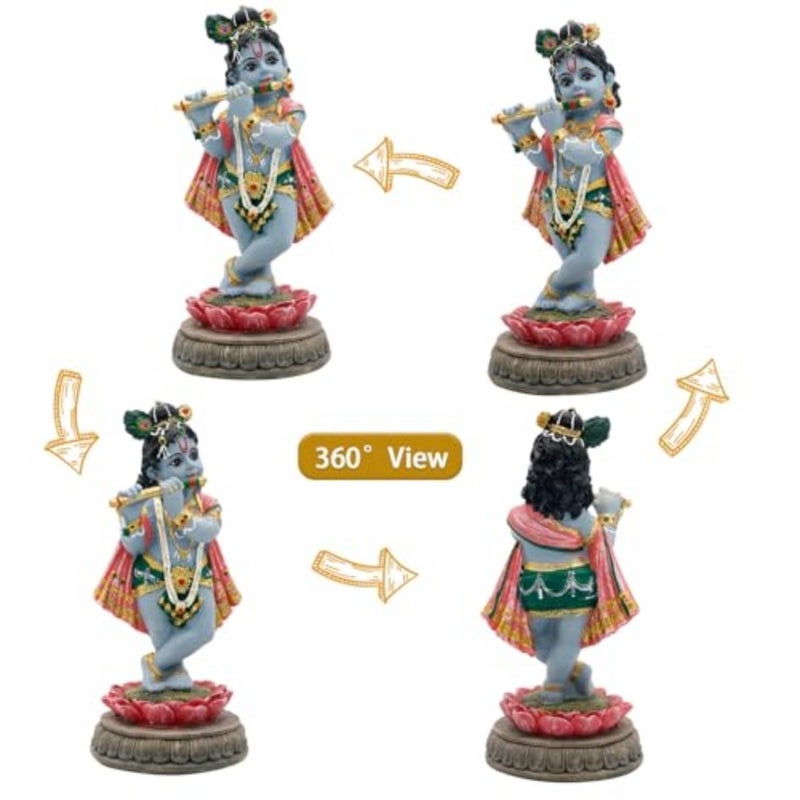 Hindu Krishna Idol Statue - 5.7H Indian God Lord Krishna on Lotus Playing Flute India Murti Item Home Office Temple Mandir Shrine Altar Pooja Decor Diwali Puja Gifts for Indian Friends - Image 4