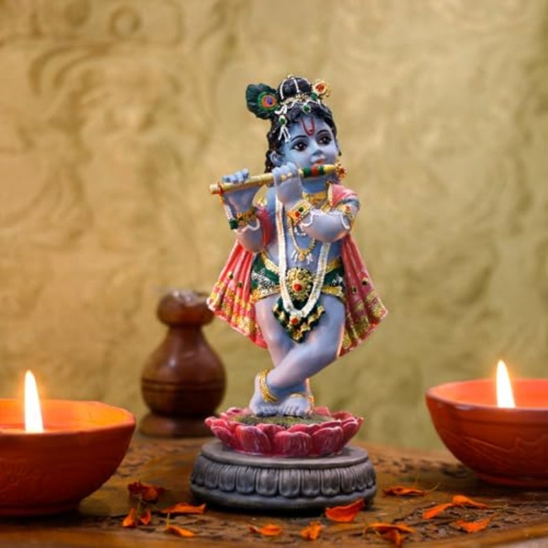 Hindu Krishna Idol Statue - 5.7H Indian God Lord Krishna on Lotus Playing Flute India Murti Item Home Office Temple Mandir Shrine Altar Pooja Decor Diwali Puja Gifts for Indian Friends - Image 3