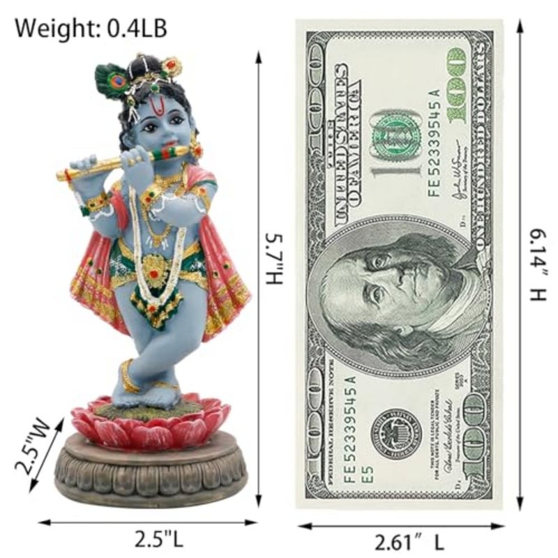 Hindu Krishna Idol Statue - 5.7H Indian God Lord Krishna on Lotus Playing Flute India Murti Item Home Office Temple Mandir Shrine Altar Pooja Decor Diwali Puja Gifts for Indian Friends - Image 5