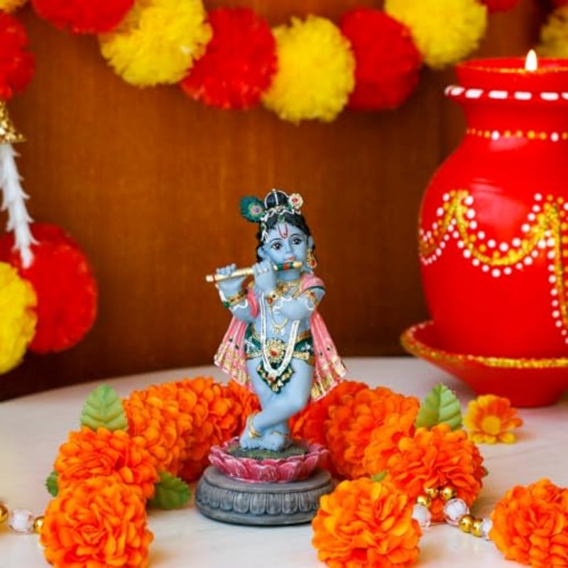 Hindu Krishna Idol Statue - 5.7H Indian God Lord Krishna on Lotus Playing Flute India Murti Item Home Office Temple Mandir Shrine Altar Pooja Decor Diwali Puja Gifts for Indian Friends - Image 2