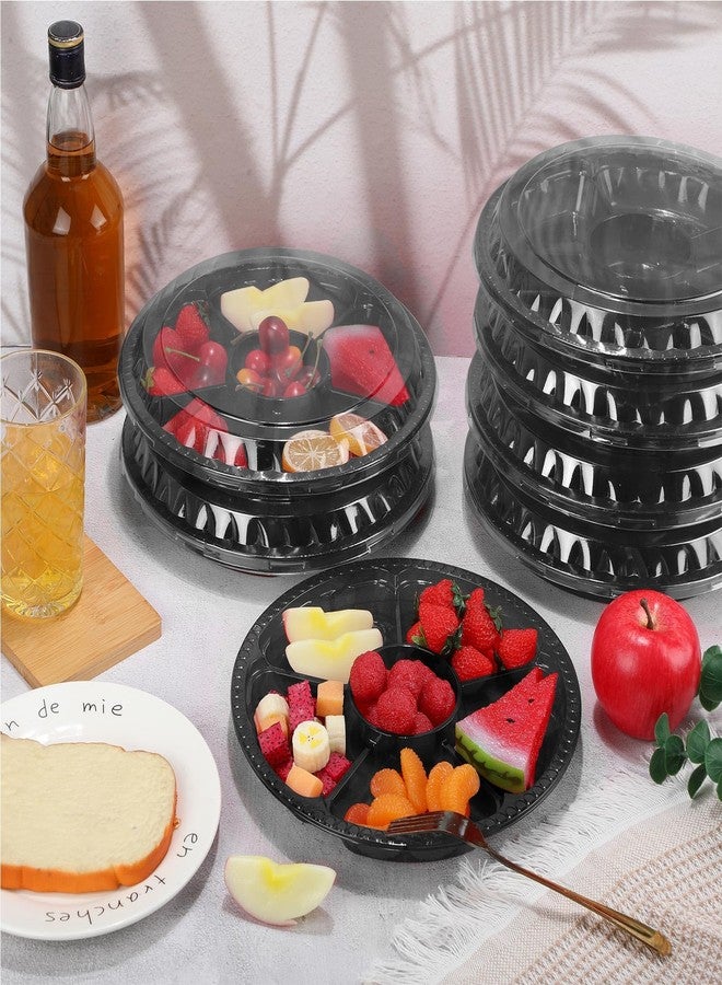 Rtteri 18 Pcs Round Catering Trays with Lids Divided Serving Trays 6 Compartment Disposable Plates Plastic Appetizer Traysplatters Food Storage Containers for Christmas Party Fruit Buffet (Black) - Image 3