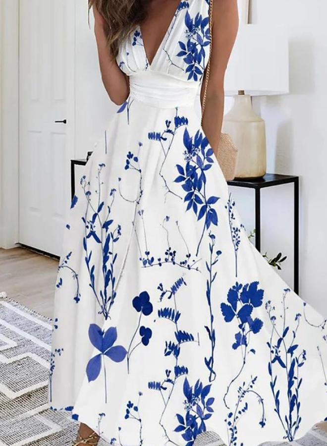 Yailla Summer V Neck High Waist Sleeveless Printed Sexy Vest Dress 