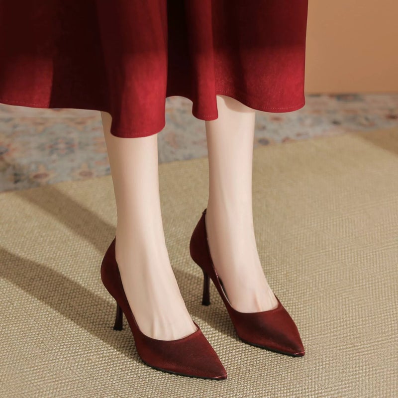 Pumps Stiletto Satin Wedding Burgundy Women's Shoes - Image 5