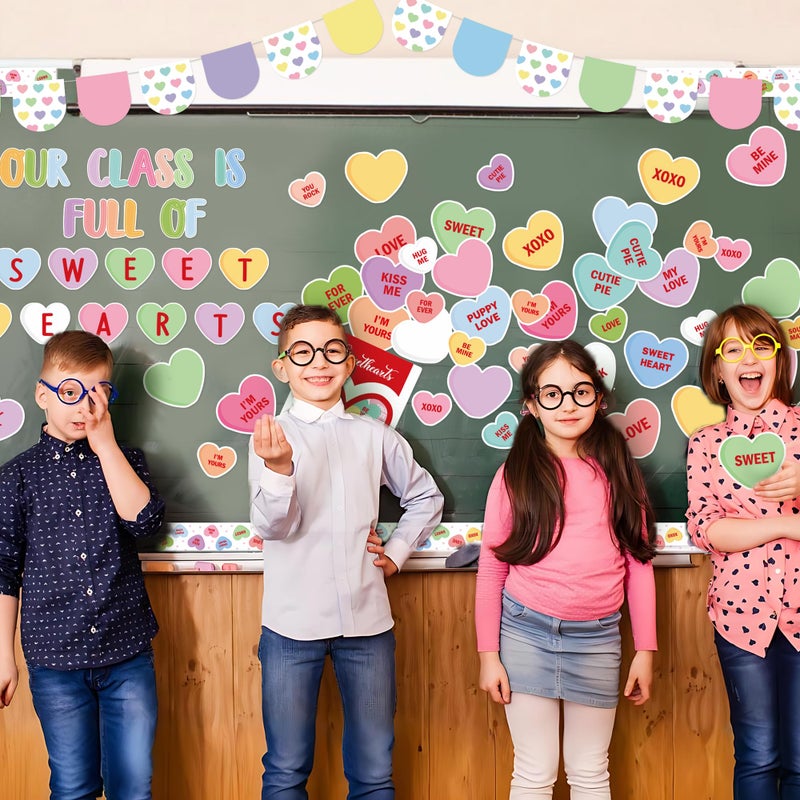 CPicdn 130Pcs Valentineâ€™s Day Conversation Heart Bulletin Board Classroom Decoration Set, Sweet Candy Heart Cutouts Banner Name Tags, School Classroom Chalkboard Wall Decor Valentines Party Supplies - Image 5