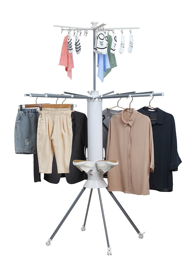 لوازم منشر ملابس دوّار بطبقتين مع حامل أحذية - 112×112×172 سم - منشر ملابس ثلاثي القاعدة بدوران 360° مع 16 عمودًا قابلًا للتمديد ومشابك - مناسب لتجفيف الملابس داخل المنزل أو خارجه - Image 2