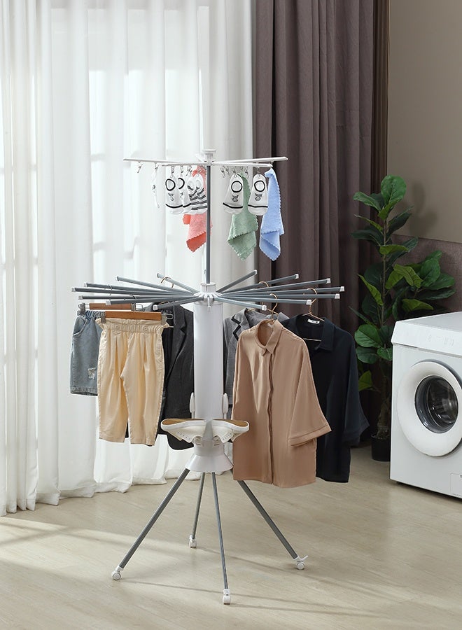 لوازم منشر ملابس دوّار بطبقتين مع حامل أحذية - 112×112×172 سم - منشر ملابس ثلاثي القاعدة بدوران 360° مع 16 عمودًا قابلًا للتمديد ومشابك - مناسب لتجفيف الملابس داخل المنزل أو خارجه - Image 1