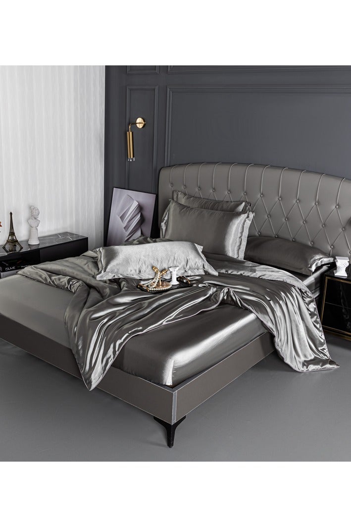 أغطية السرير من قماش الحرير الجليدي المغسول الفاخر الخفيف مع إحساس بارد، تتضمن غطاء لحاف، وملاءة سرير، وغطاءي وسادة، صديقة للبشرة، تنفس، ولا تتشكل بها الكريات. (200×230 سم) - Image 2