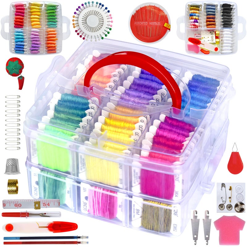 QCZKB 188 Embroidery Floss Set Including Cross Stitch Threads Friendship Bracelet String with 2Tier Transparent Box Floss Bobbins and Cross Stitch Kits