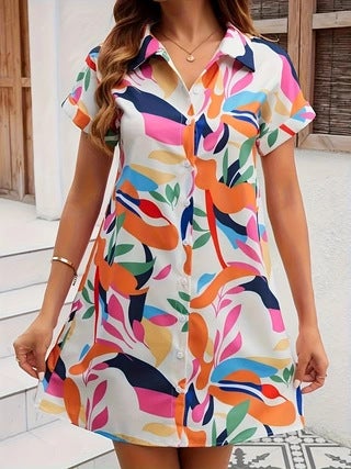 Amazon cross-border 2024 new fashion color floral printed cardigan short sleeve shirt dress Ivory white