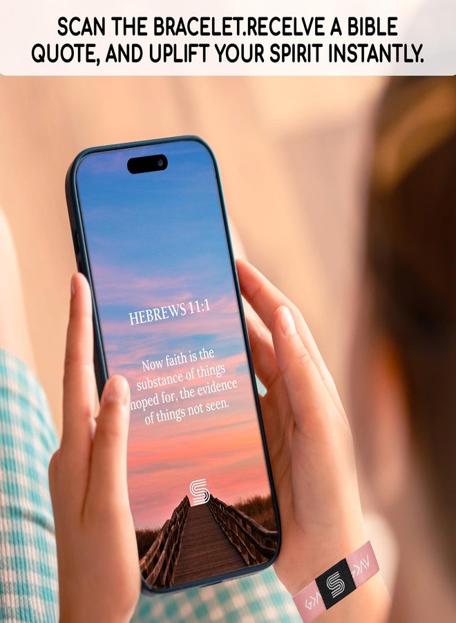 Sensemory Daily Bible Verse Bracelet - Scan Phone, Christian Gifts For Men, Women, God Is Greater Than The Highs And Lows Scripture Bracelets For Prayer, Wearable Jesus Faith Devotional God Band (Pink) - Image 2