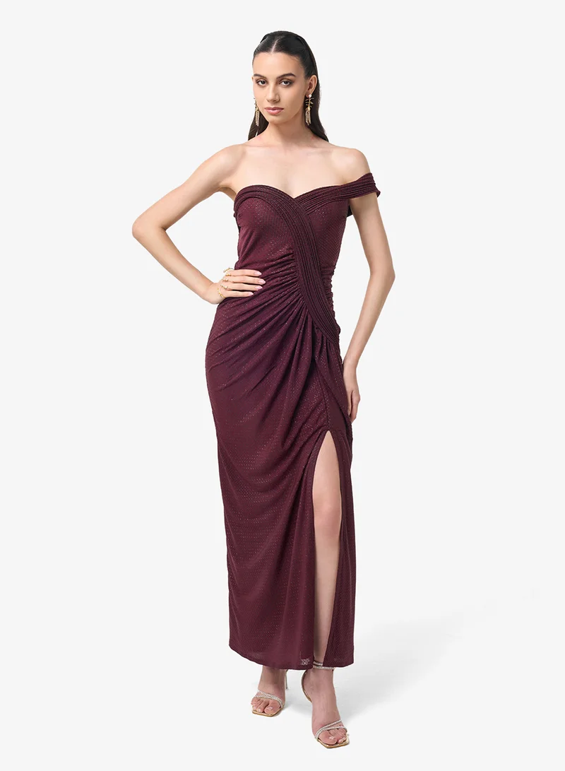 Threadz By Ajooni  Off Shoulder Sweetheart Neck Front Slit Maxi Dress for Women | Best Price UAE