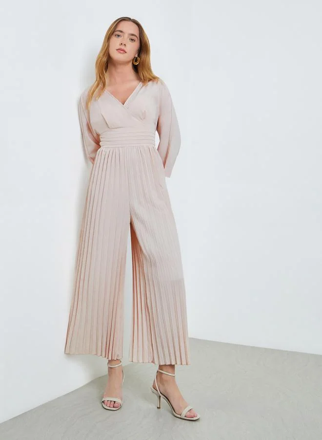 Take Two  Beige Wide Leg Pleated Jumpsuit for Women | Best Price UAE