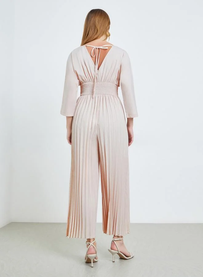 Take Two  Beige Wide Leg Pleated Jumpsuit for Women | Best Price UAE