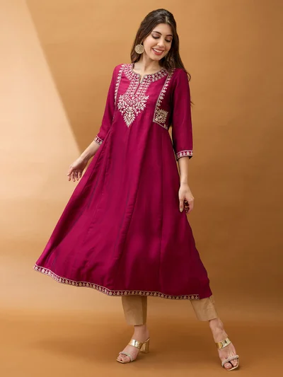 globus Women Burgundy Floral Embroidered Yoke Detail Round Neck Panelled Anarkali Festive Kurta