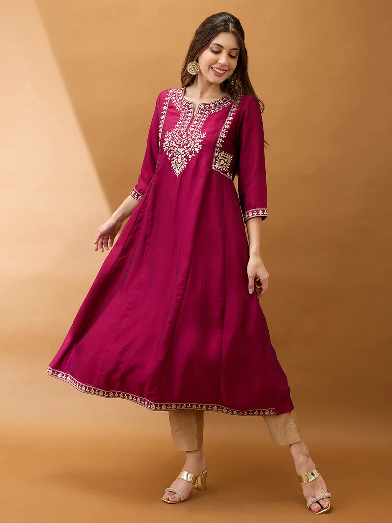 globus Women Burgundy Floral Embroidered Yoke Detail Round Neck Panelled Anarkali Festive Kurta
